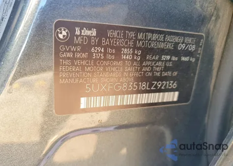 2008 BMW X6 xDrive50I z USA, uszkodzony, nr VIN 5UXFG83518LZ92136